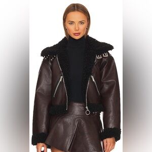 NWT WEWOREWHAT Cropped Sherpa Moto Jacket in Dark Patina & Black Sherpa XS 6451